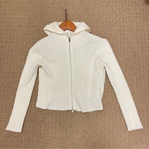 Ribbed Knit Cropped Hoodie Zip-Up Cream